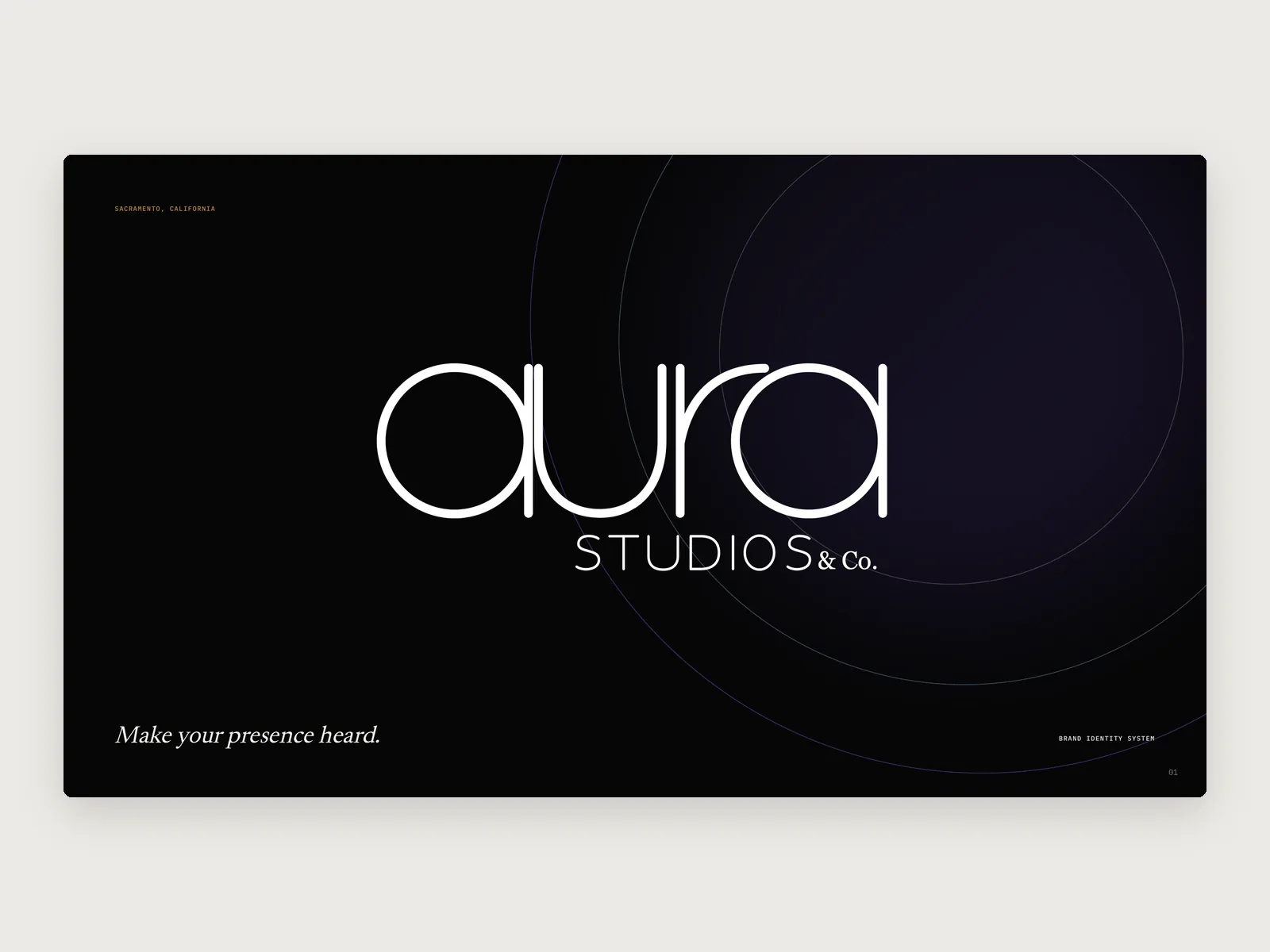 The cover of the Aura Studios brand identity deck: the aura wordmark with “Studios & Co.” and the line “Make your presence heard.”