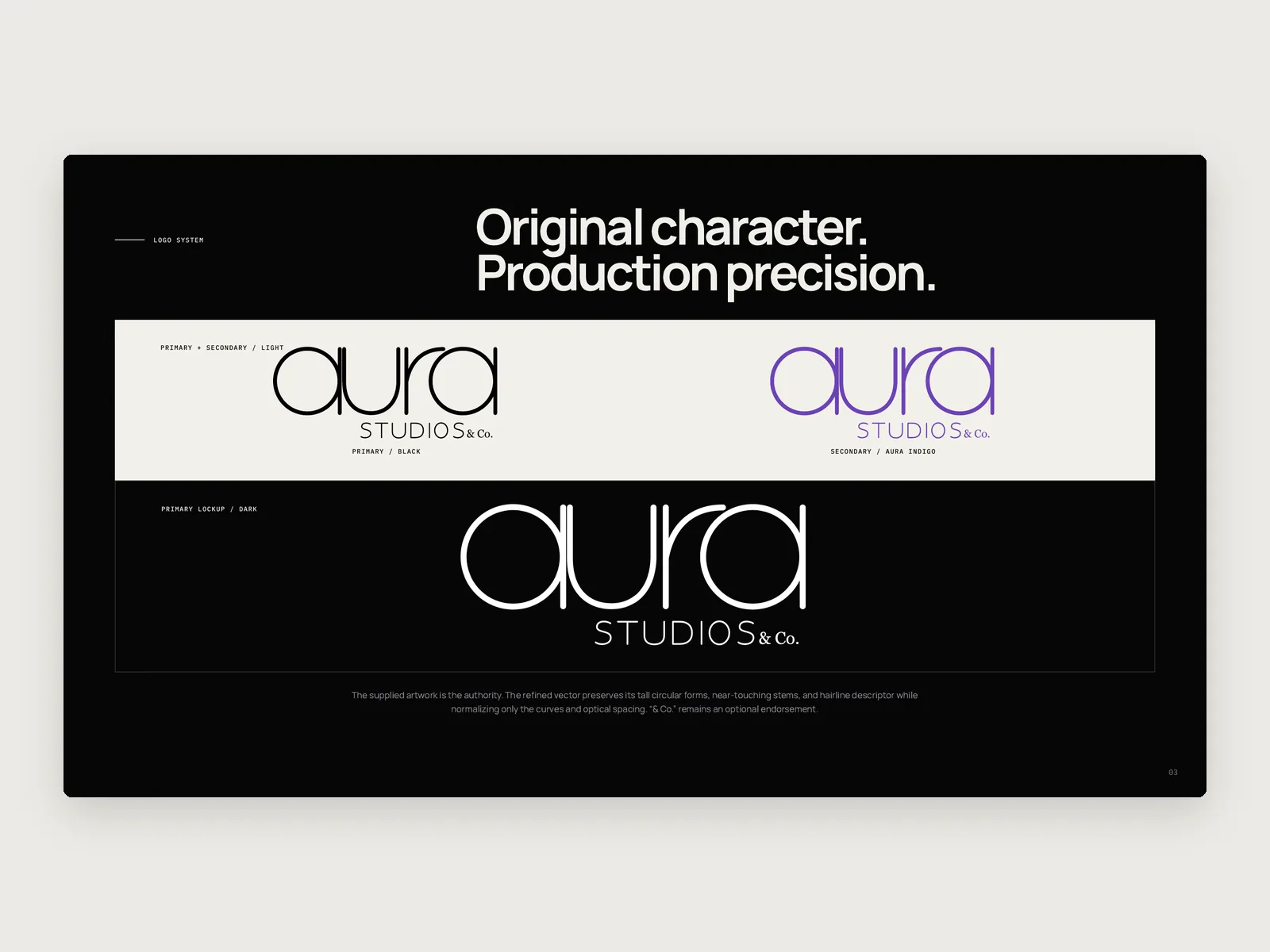 Brand deck page “Original character. Production precision.”: the aura logo in black, violet and white.