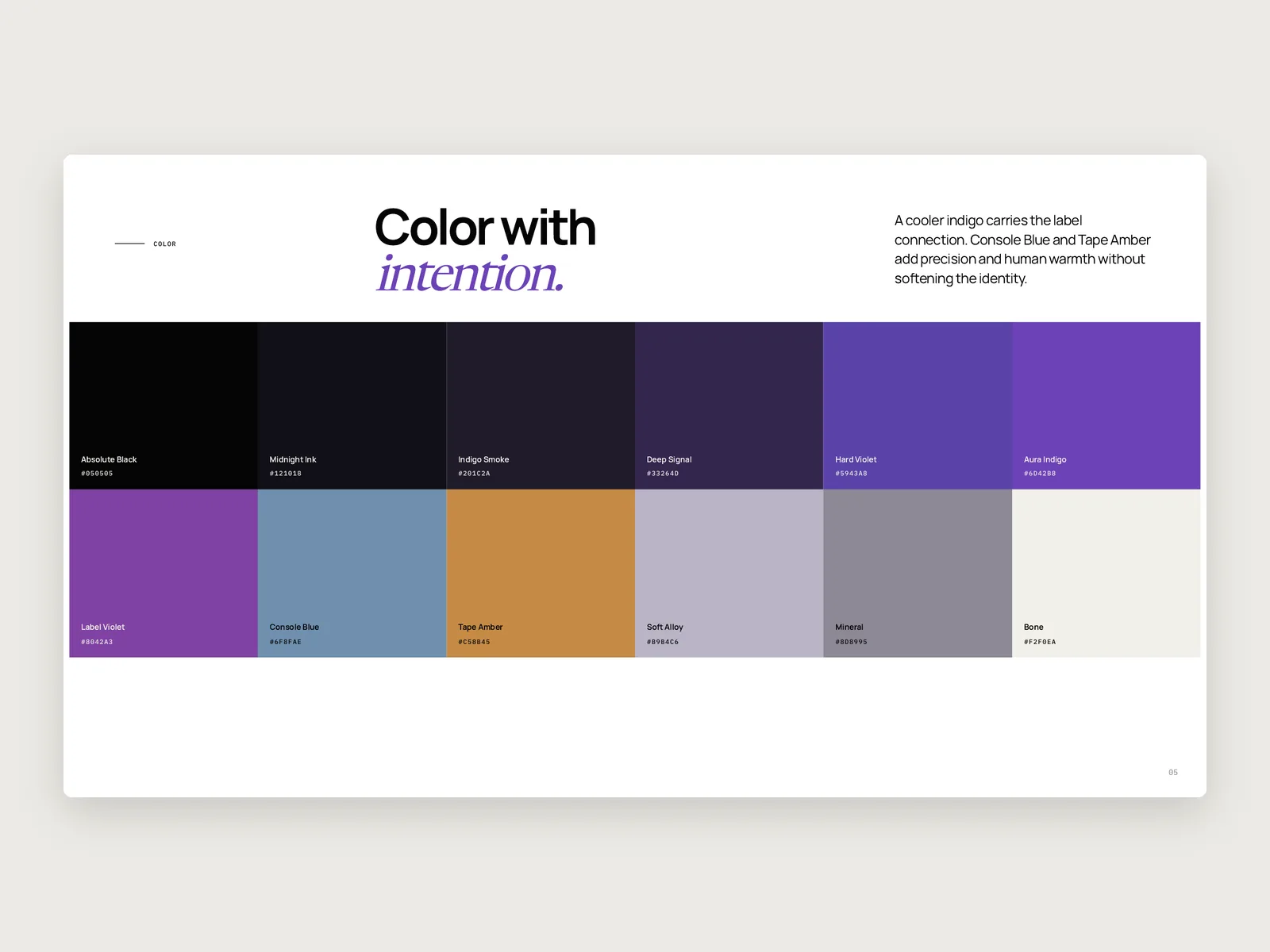 Brand deck page “Color with intention.”: a palette of near-blacks, indigos and violets with blue, amber and warm neutrals.