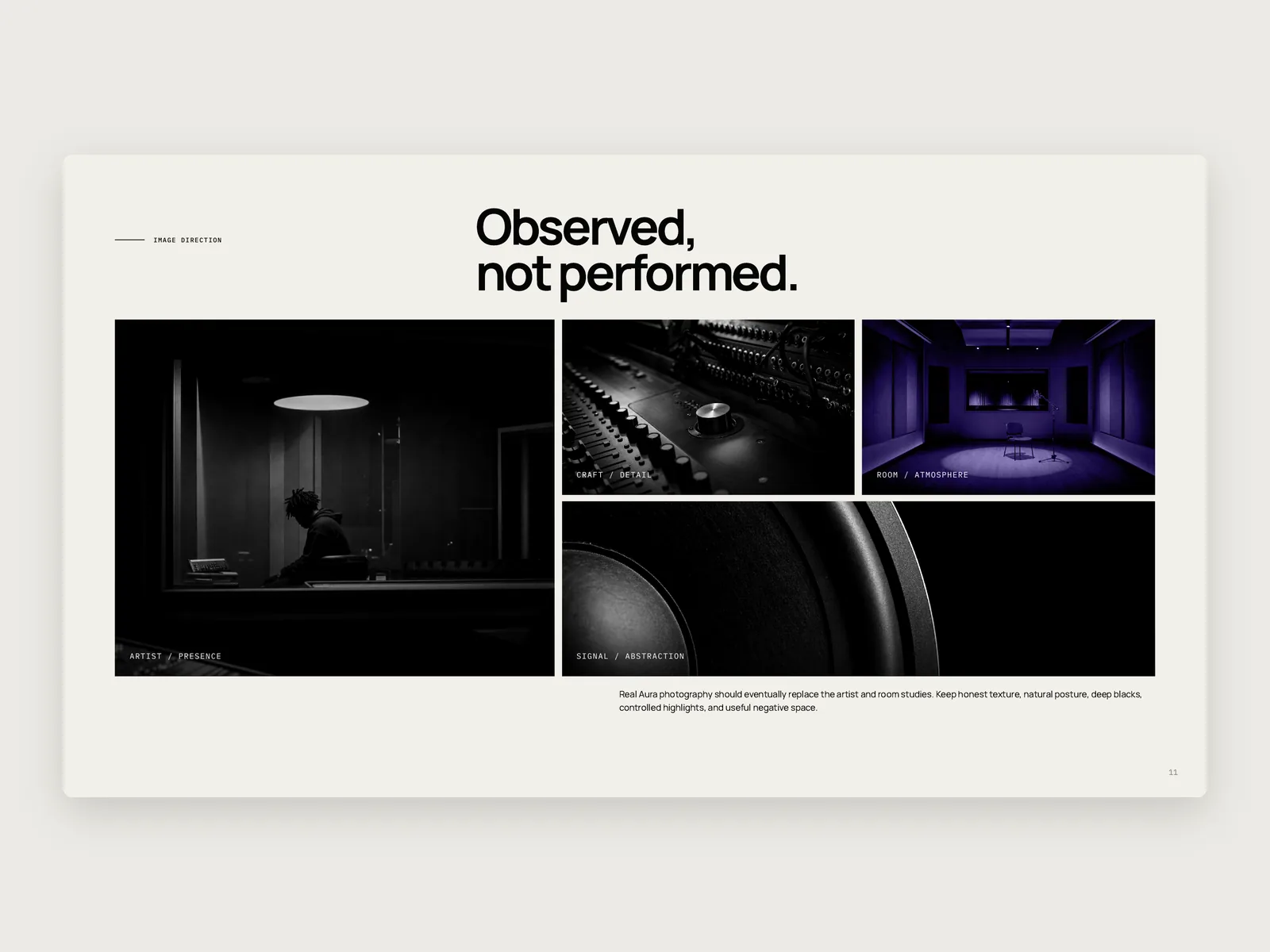 Brand deck page “Observed, not performed.”: a moody black-and-white and violet photography direction.