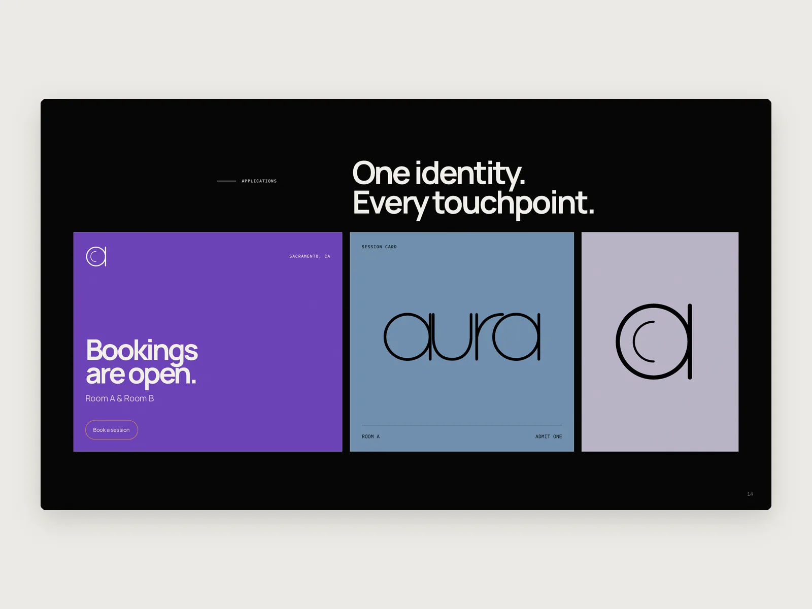 Brand deck page “One identity. Every touchpoint.”: a booking post, the logo on blue and the monogram.