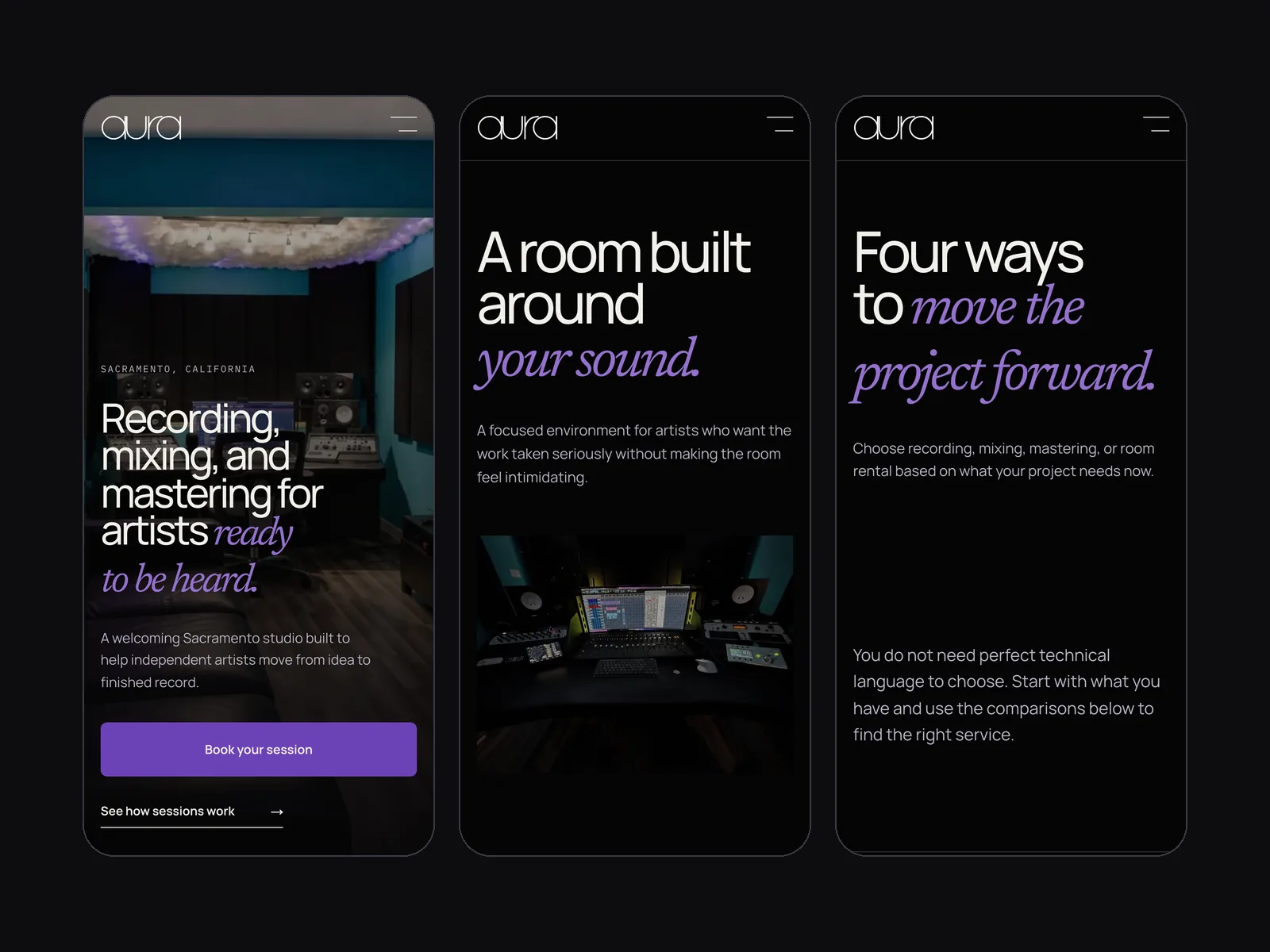 The Aura Studios website on three phones: the home page, the studio and the four services.