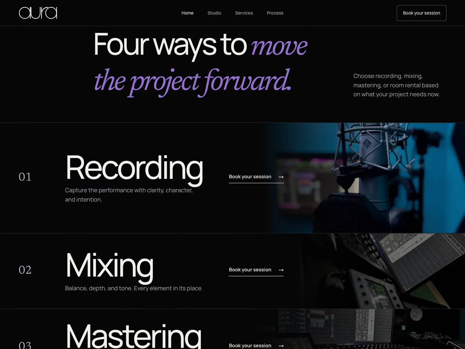 The services section: recording, mixing, mastering and room rental, each leading to booking.