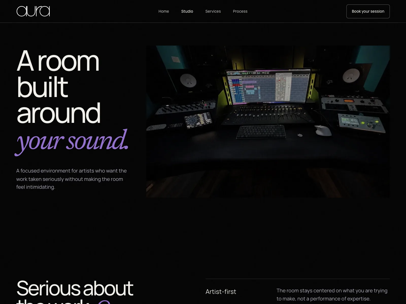 The studio page: “A room built around your sound,” beside a photo of the control room.