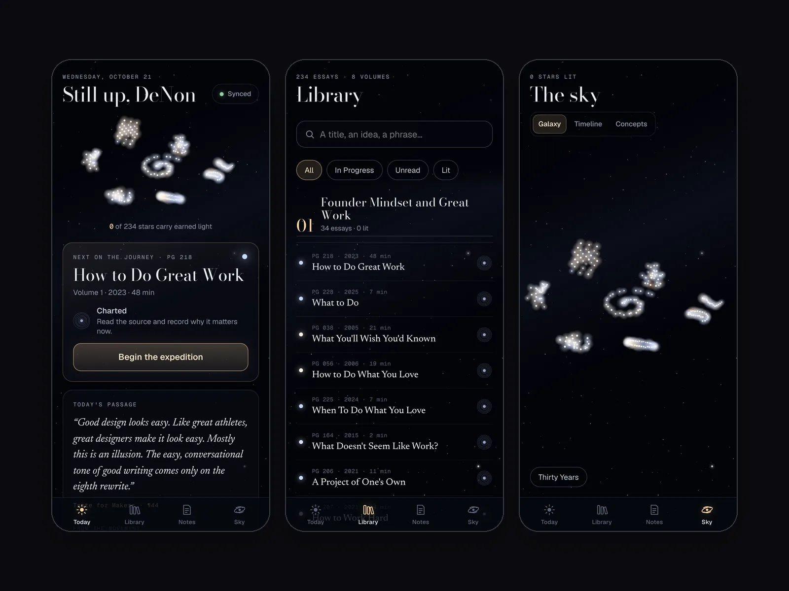 The iPhone app on three phones: Today with the next essay, the library of eight volumes, and the sky of all 234 stars.