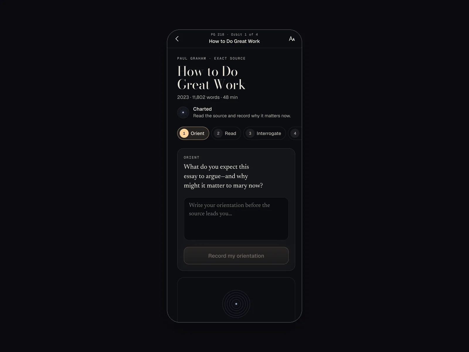 The iPhone reader for How to Do Great Work, opening on the Orient step of the learning cycle.