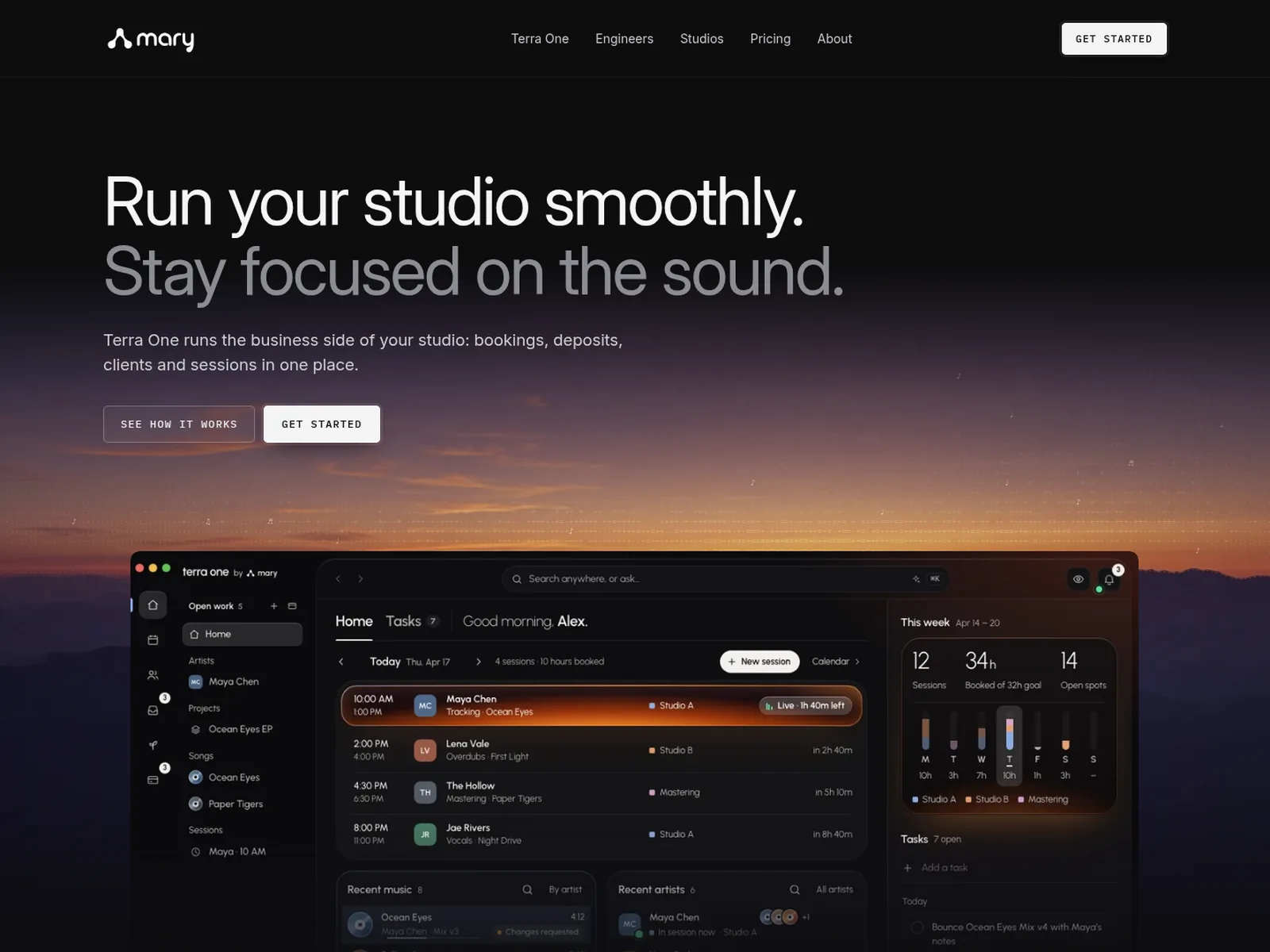 The marylabs.tech website on desktop: “Run your studio smoothly. Stay focused on the sound.” above a Terra One preview.
