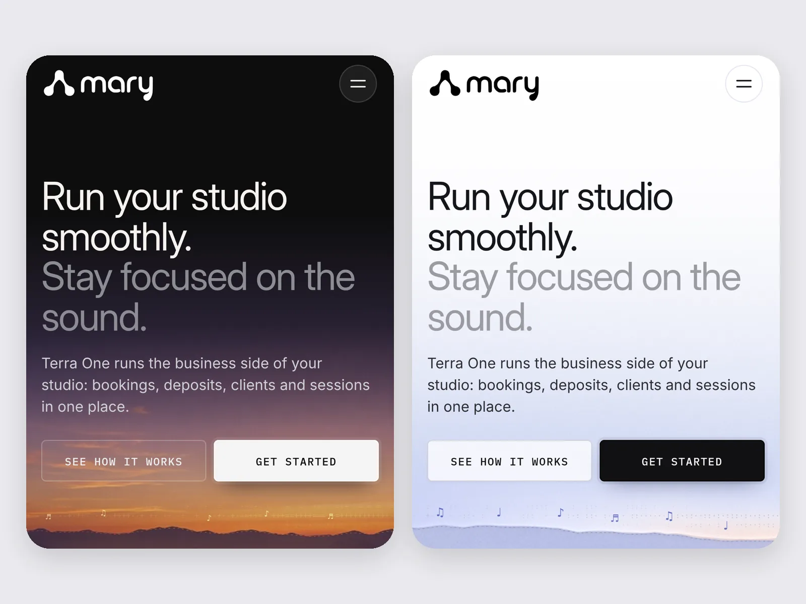 The marylabs.tech website on two phones, in its dark and light themes.