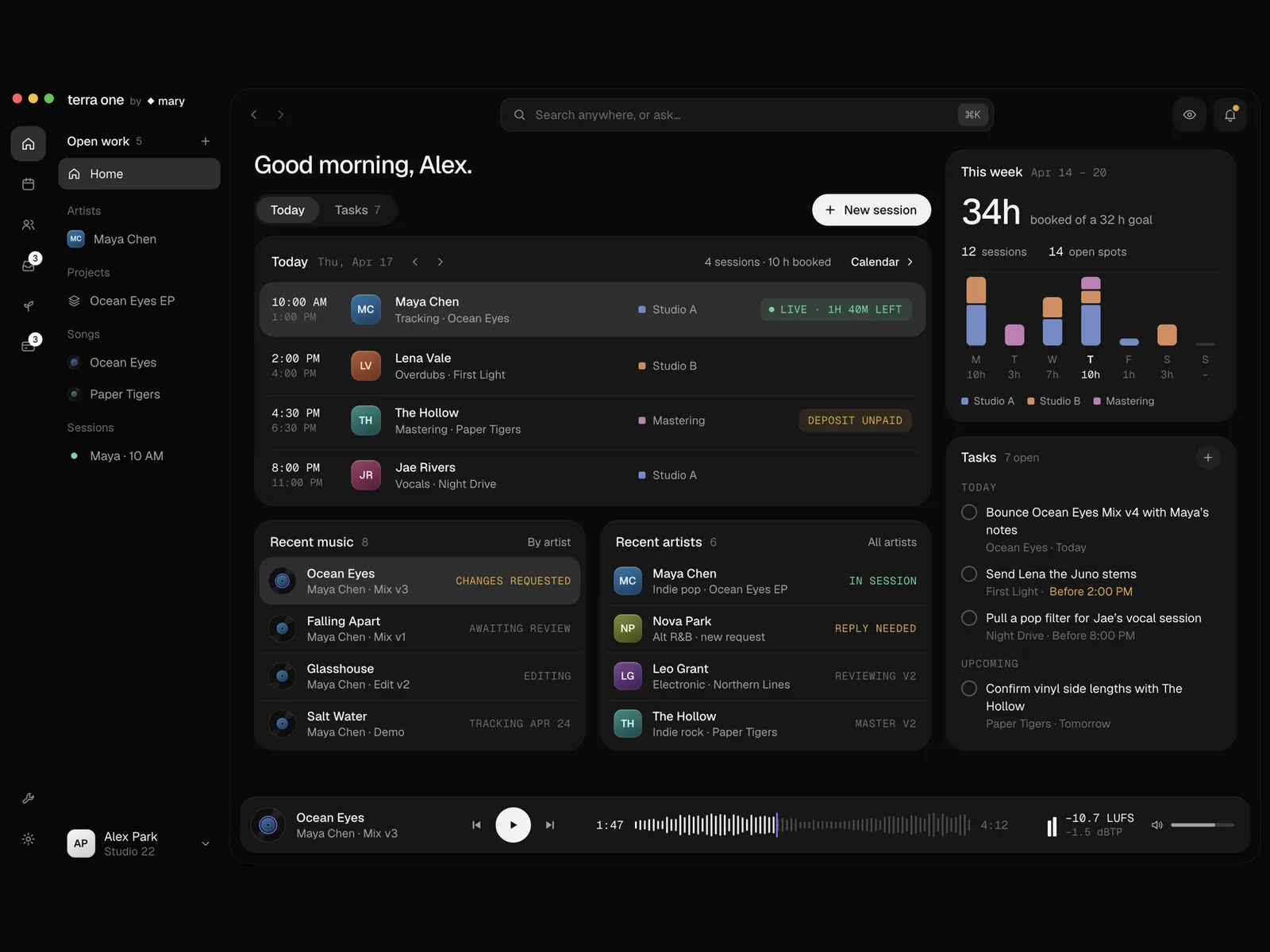 Terra One’s Today view: the day’s sessions, recent music and artists, the week’s bookings and open tasks.