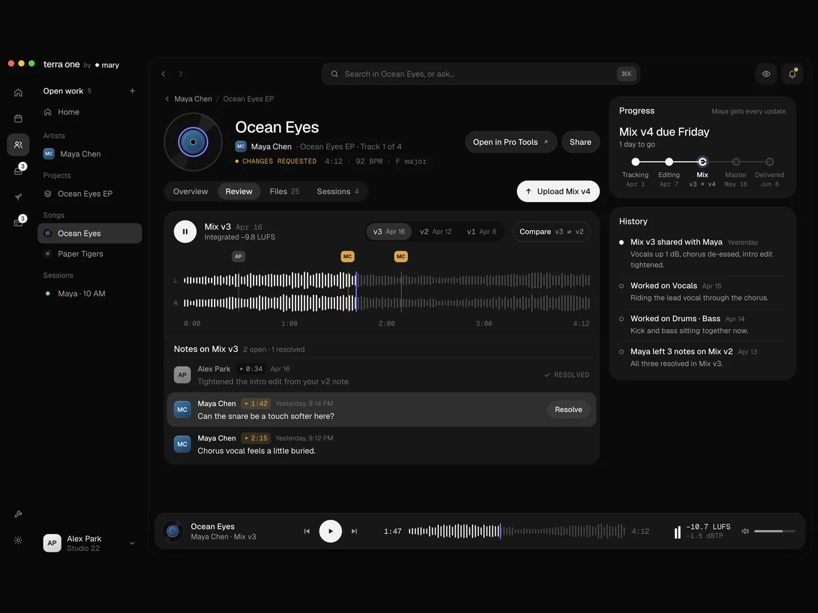 Terra One’s song review screen: a mix waveform with timed client notes, version history and delivery progress.