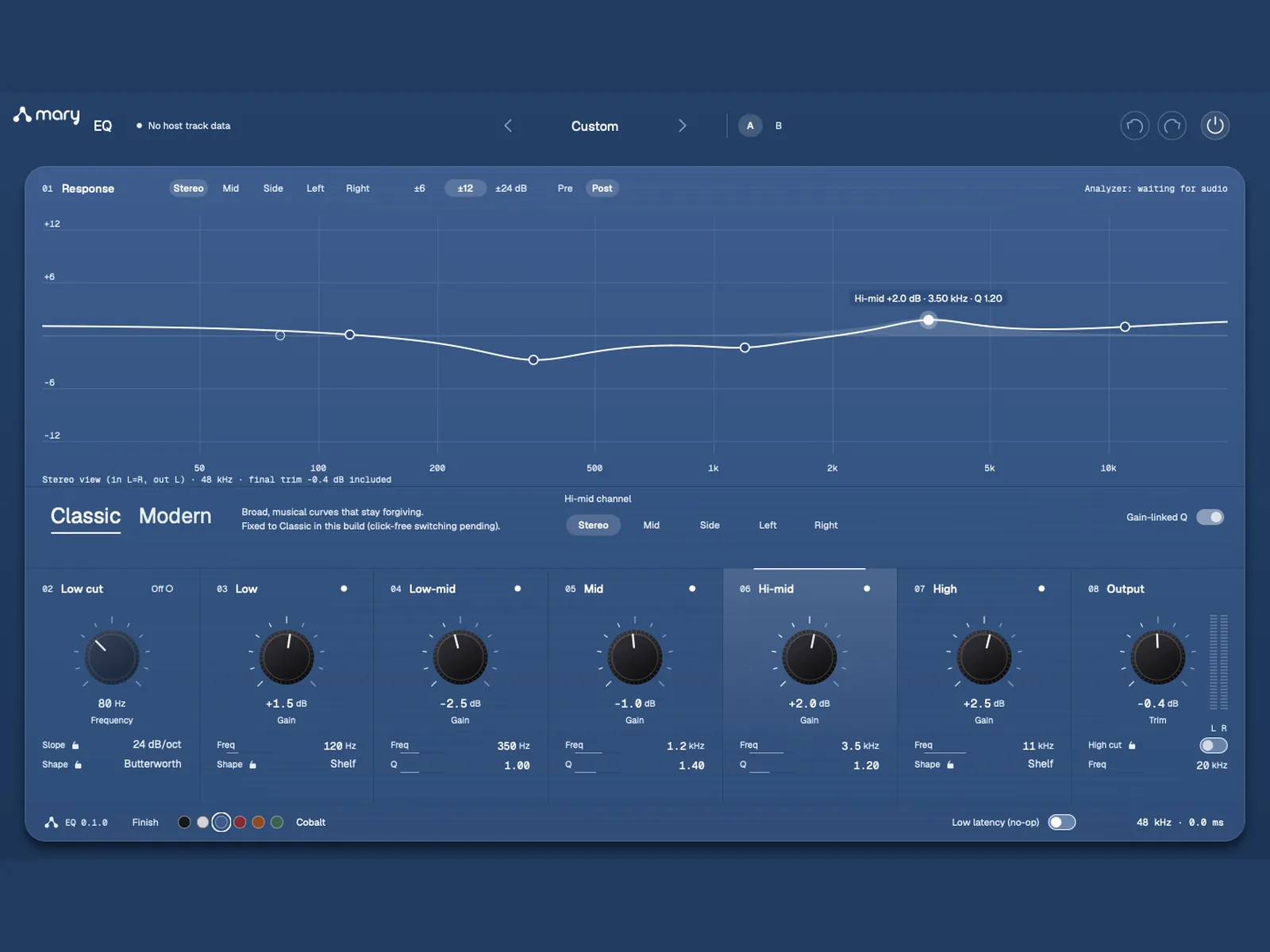 Mary’s EQ plugin in its cobalt finish, with a response curve above seven band controls.