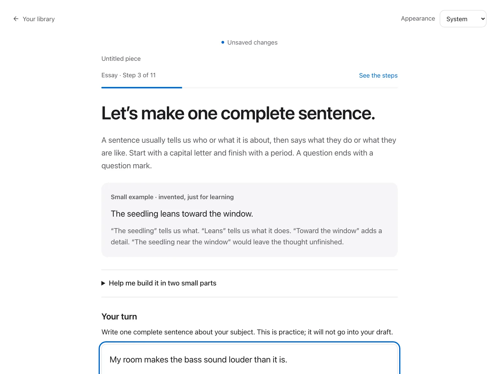 A guided step, “Let’s make one complete sentence”: a plain explanation, an invented example, then the writer’s own sentence.