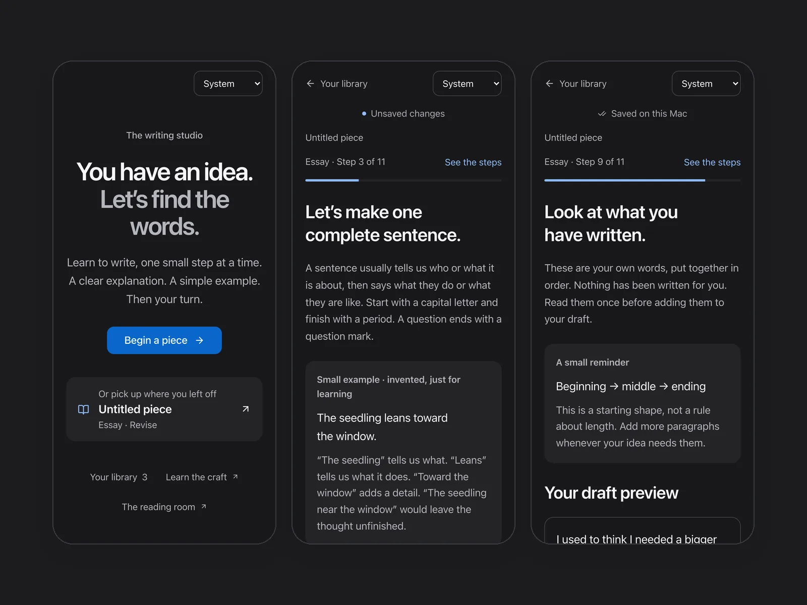 Writing Studio on three phones in dark mode: the entrance, a guided sentence step and the draft preview.