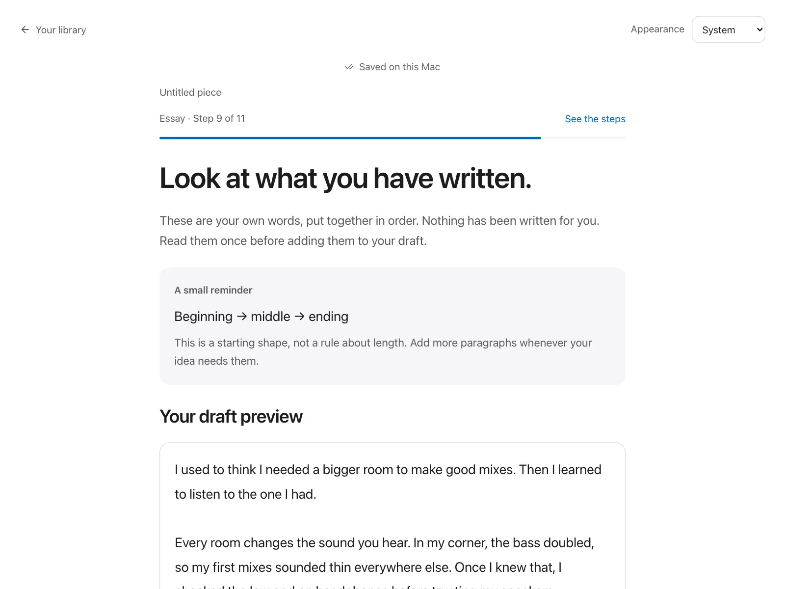 Looking back at the finished draft before adding it: every word written by the writer.