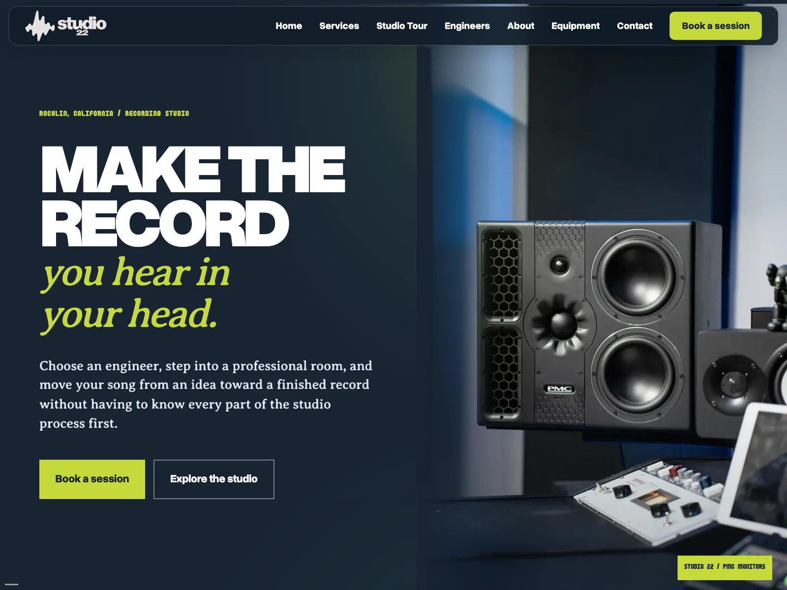 The Studio 22 website: “Make the record you hear in your head,” beside a pair of PMC studio monitors.