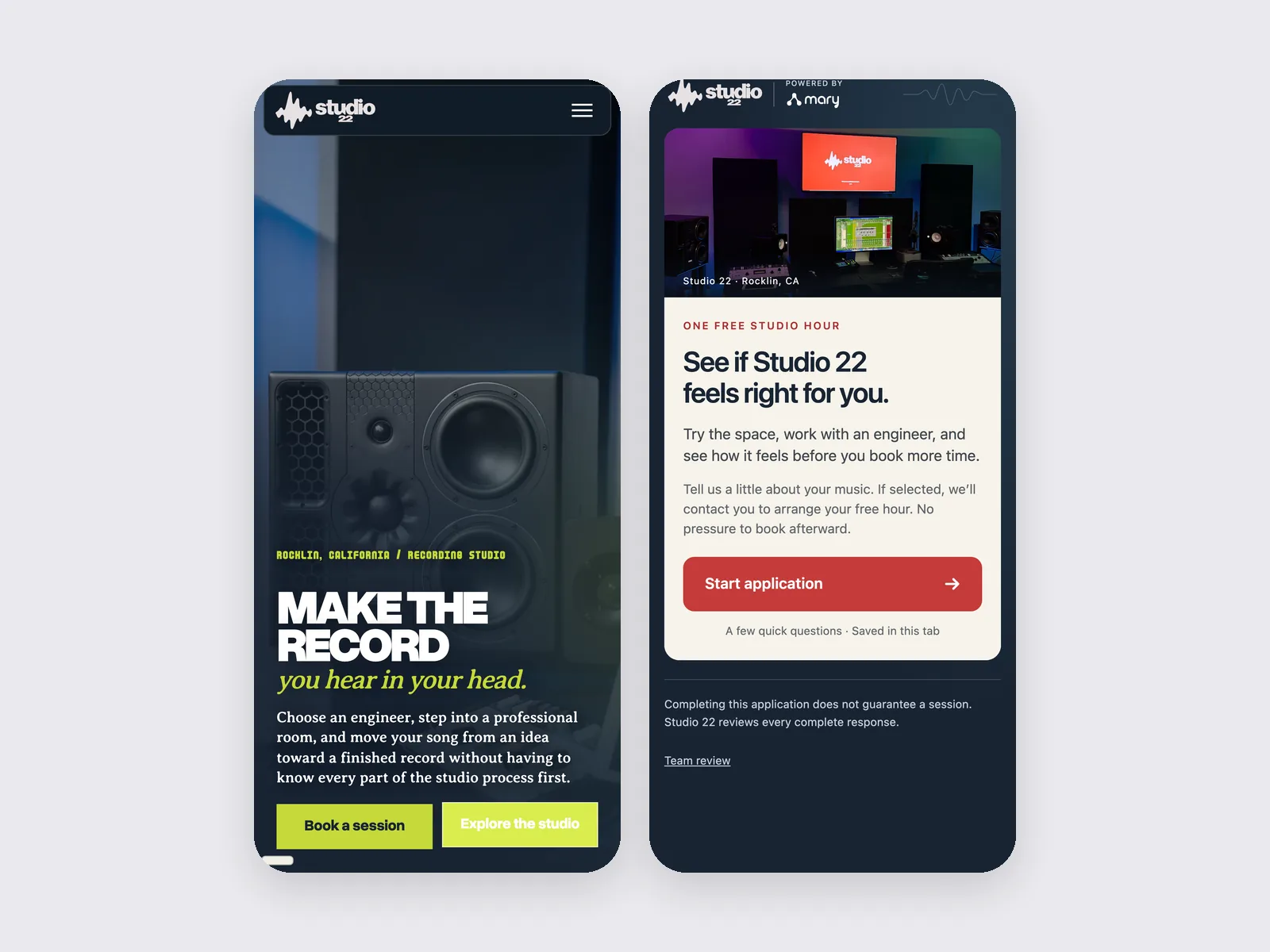 The Studio 22 website and the free-hour application page on two phones.