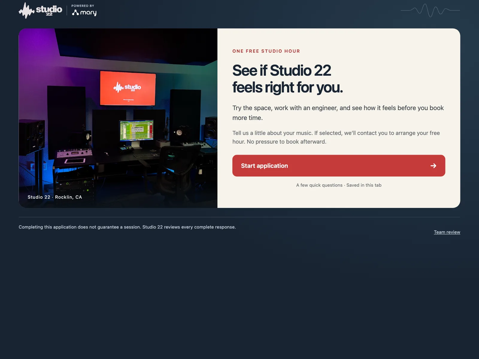 The free-hour application page: “See if Studio 22 feels right for you,” beside a photo of the studio.