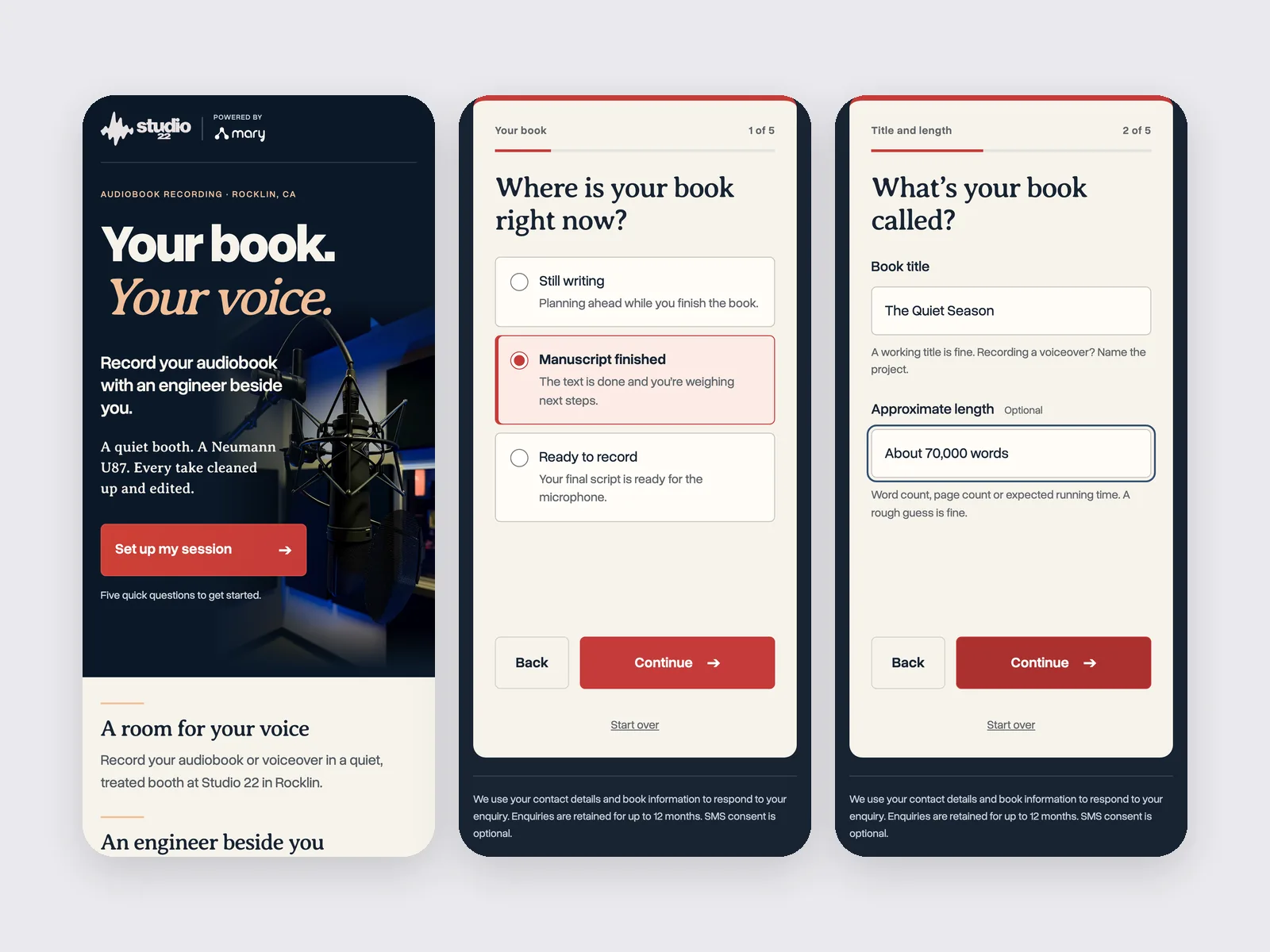 The audiobook recording landing page and the first two steps of its enquiry form on three phones: “Your book. Your voice.”, where the book is now, and its title and length.