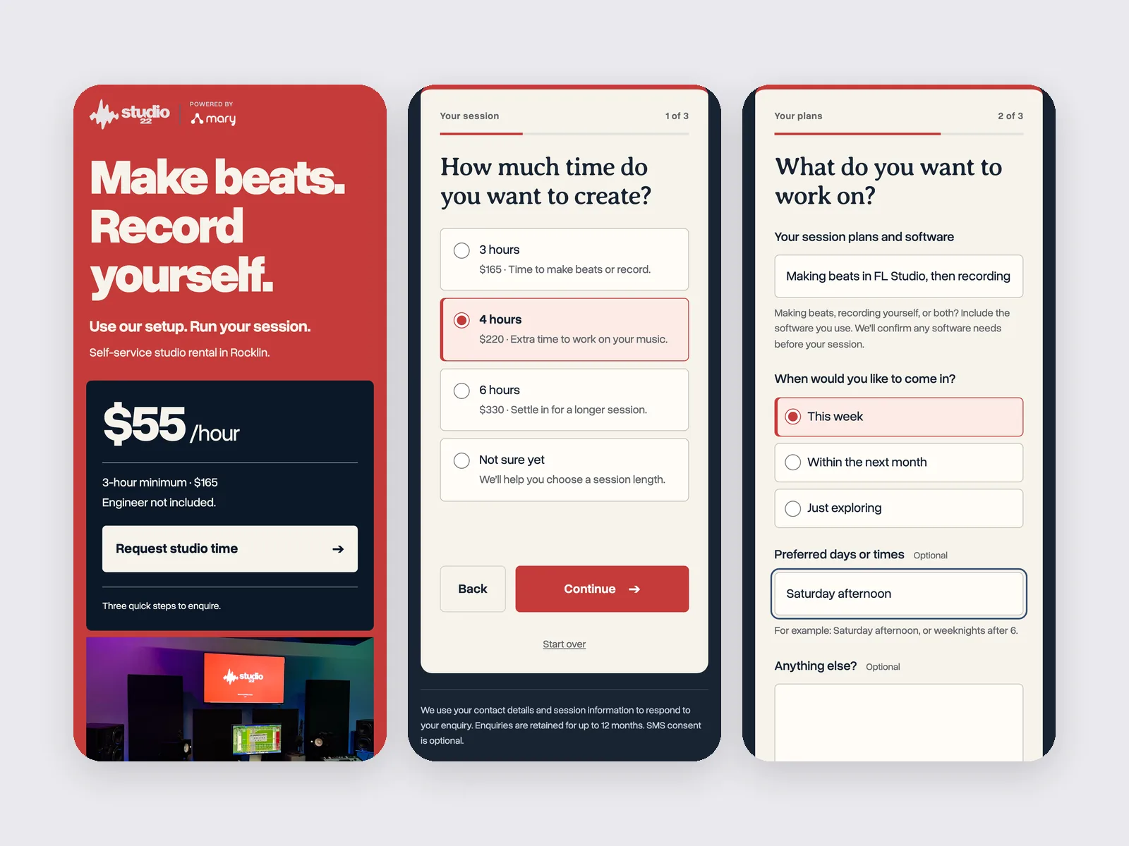 The self-service room rental page for producers and artists who record themselves, and the first two steps of its enquiry form on three phones: “Make beats. Record yourself.”, session length, and session plans.