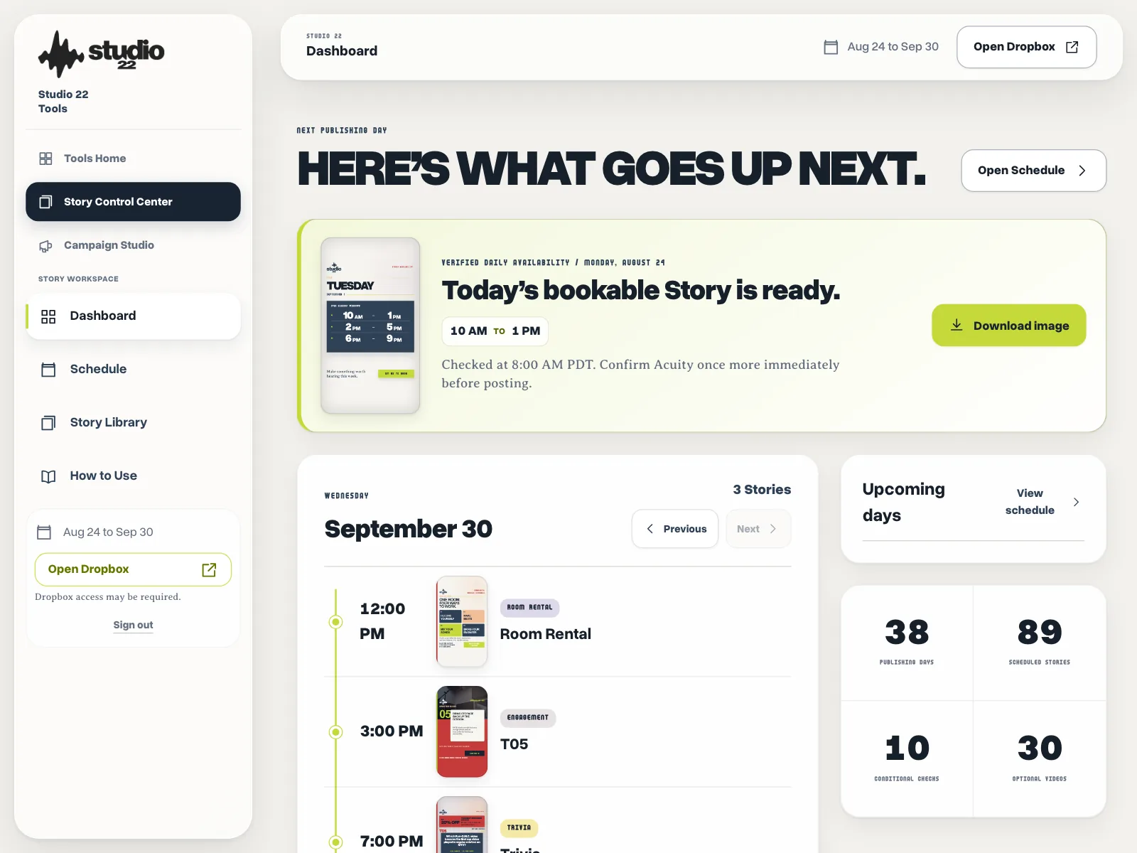 The Story Control Center dashboard, showing today’s bookable Story and the upcoming posting schedule.