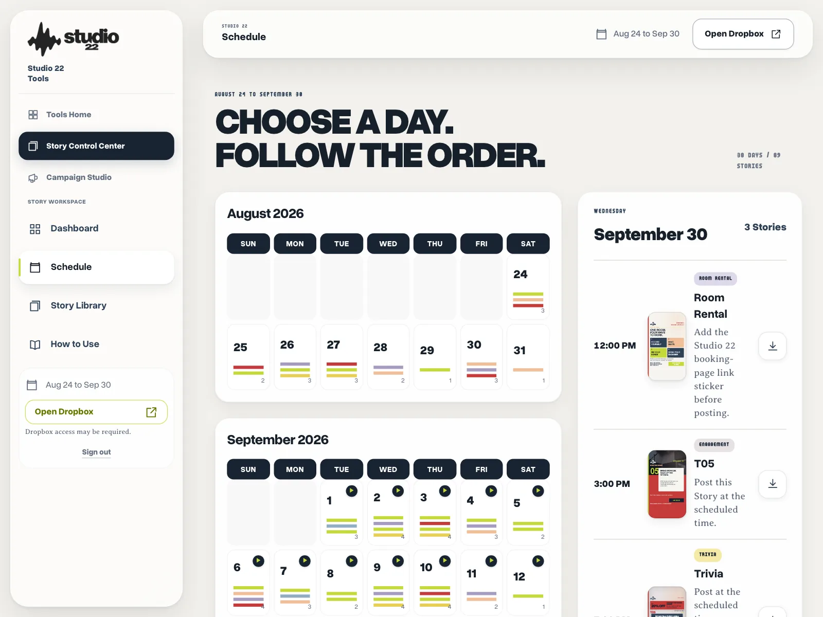 The Story schedule: an August and September calendar beside the day’s Stories in posting order.