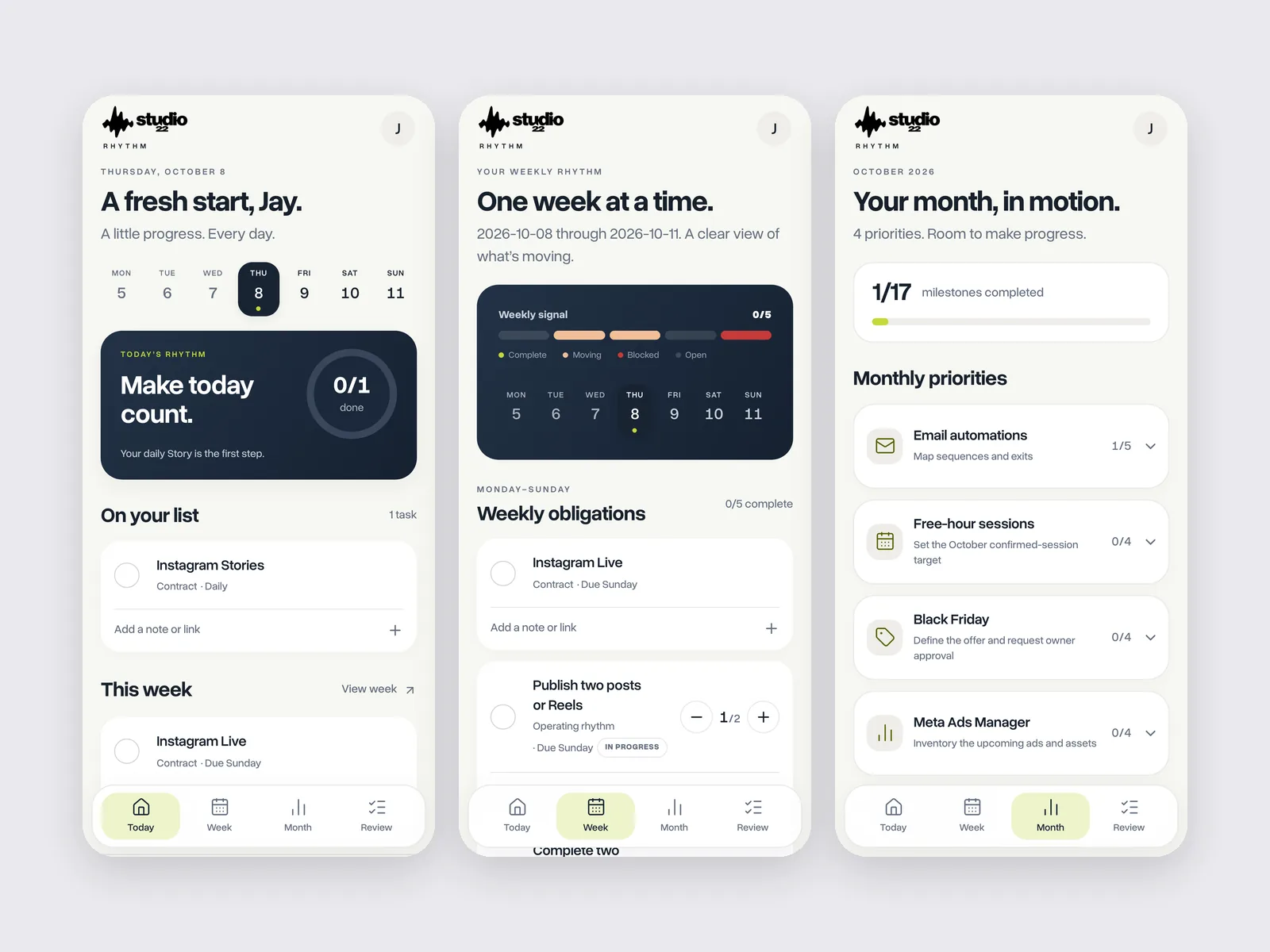 Rhythm, a private marketing tracker, on three phones: today’s task, the week’s obligations and the month’s priorities, shown with demo data.