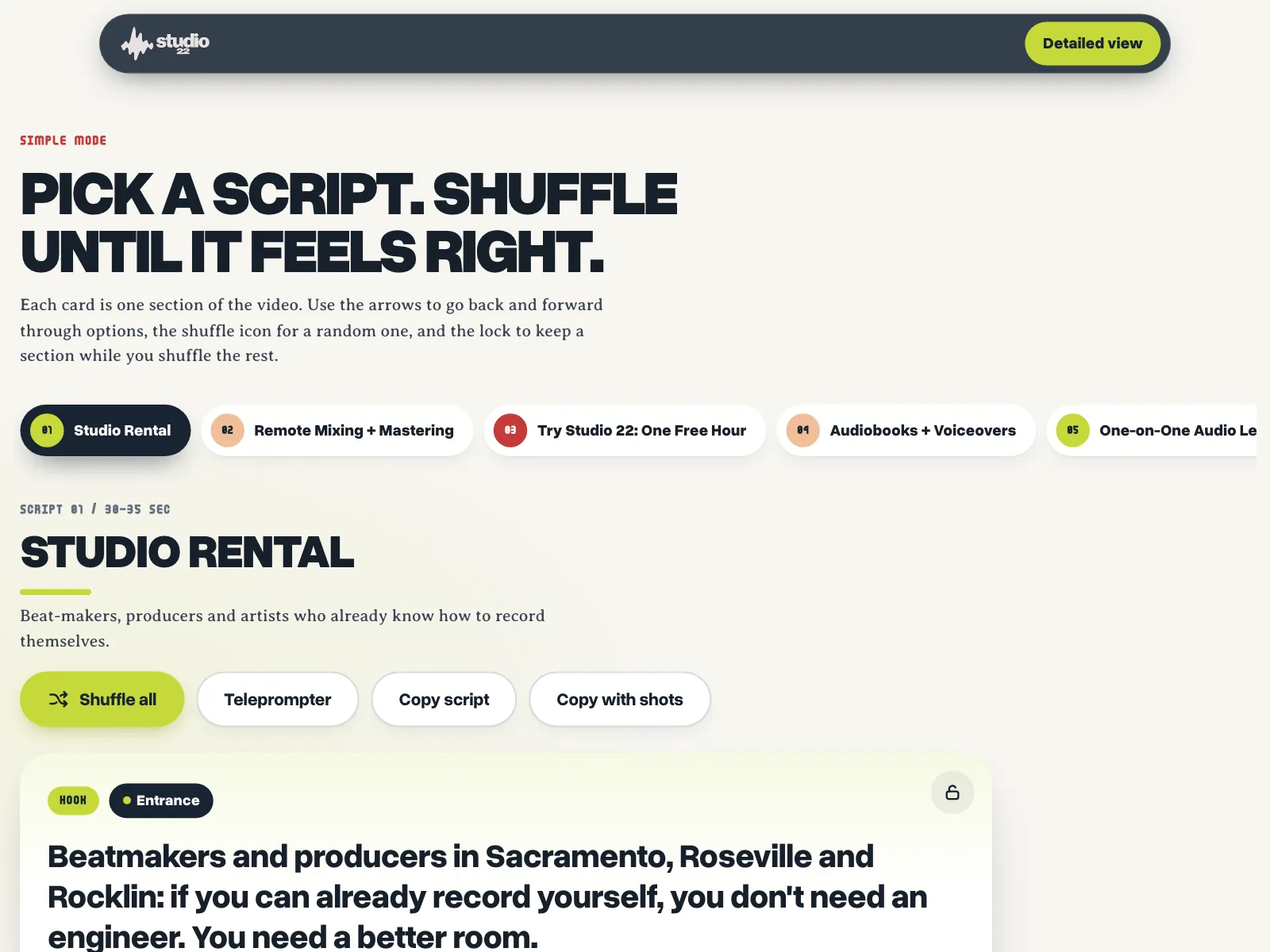 Content Day: pick a short-form video script, shuffle each section and read it from a teleprompter.