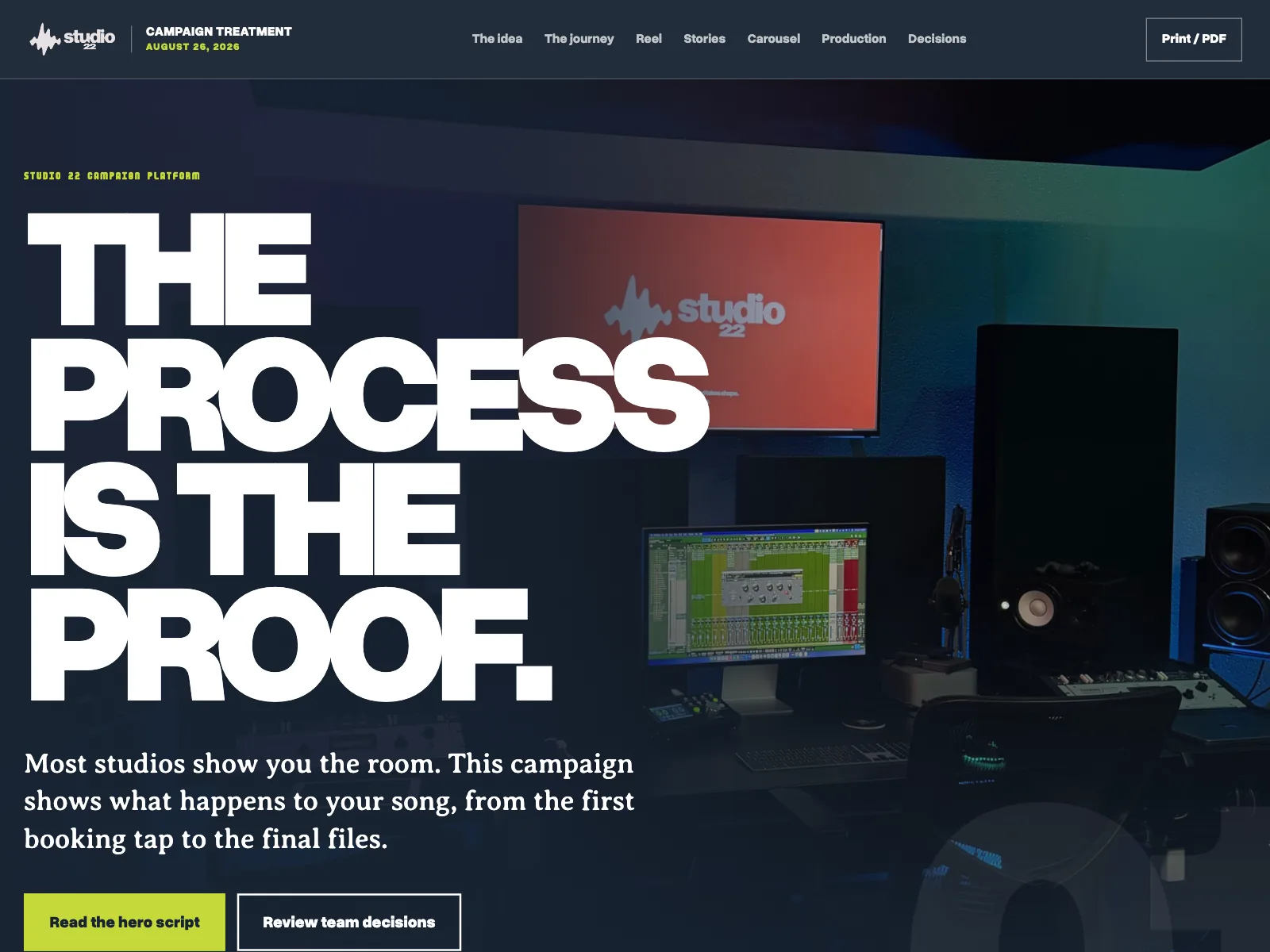 A campaign treatment titled “The Process Is the Proof,” over a photo of the studio control room.