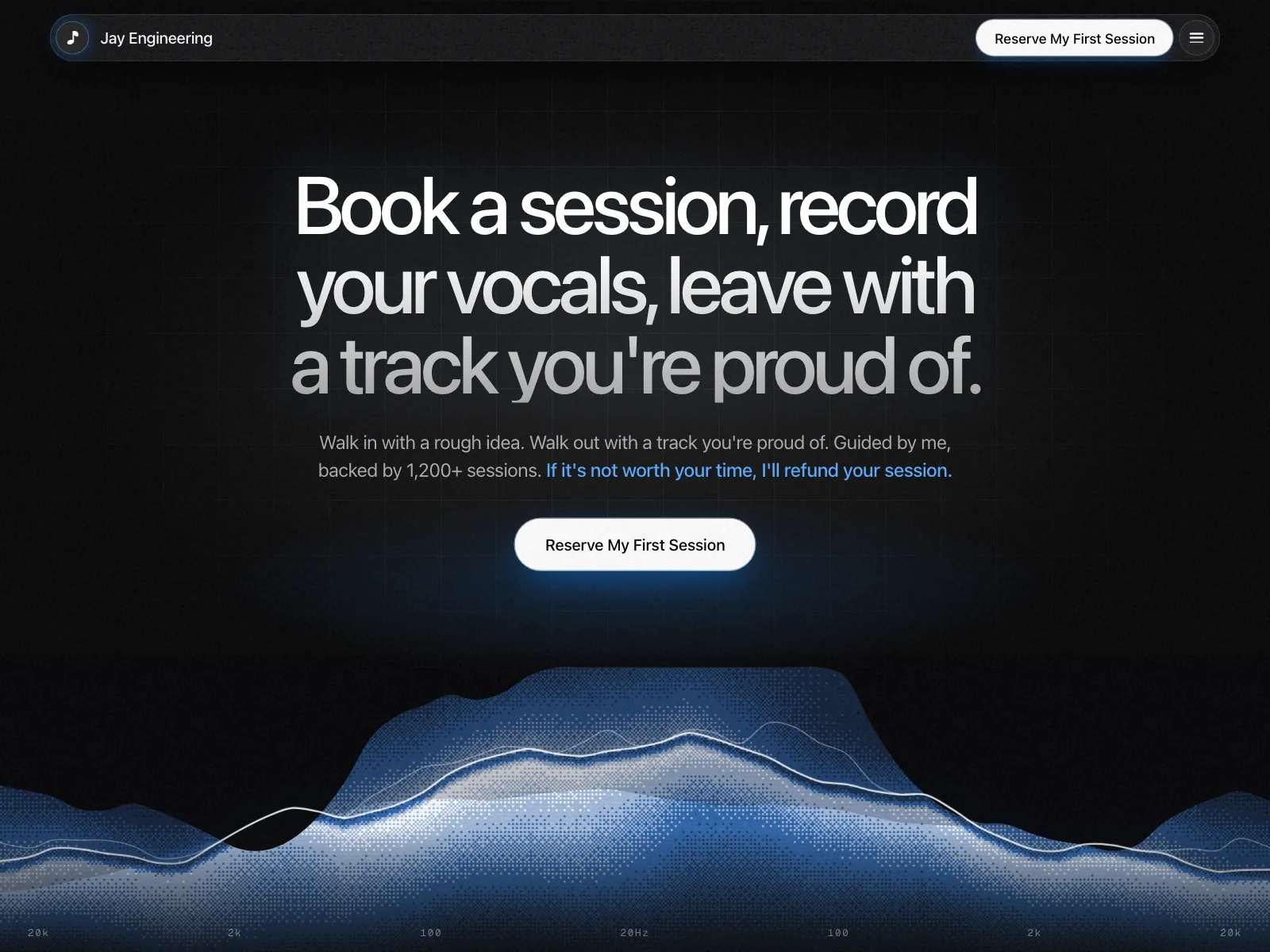 The Jay Engineering booking page: “Book a session, record your vocals, leave with a track you’re proud of.”
